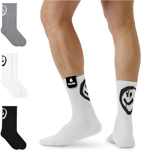 von Jungfeld 6er Set Weiße Tennissocken Damen & Herren in Gr. 39-42 - Lange Socken (Crew Socks) aus Bio-Baumwolle - Strümpfe mit Smiley Statement