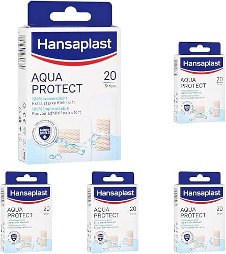 Hansaplast Aqua Protect Pflaster (20 Strips), wasserfeste Wundpflaster mit extra starker Klebkraft, Heftpflaster ideal zum Duschen, Schwimmen & Baden (Packung mit 5)