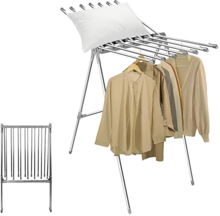 Sinbide Wäscheständer Interieur Faltbarer Kleiderständer mit 2 Flügeln Wäscheständer Edelstahl Standtrockner Gewichtskapazität 10kg Wäschetrockner mit Clip Windschutz Wäschetrockner Outdoor