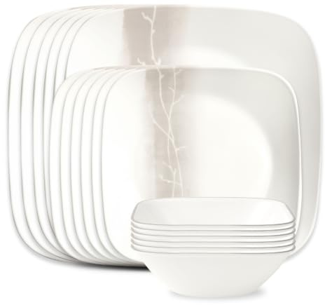 Corelle Vitrelle 18 Piece Glass Dinnerware Sets, Rectangular Square Plate and Bowl Set Service for 6, Triple Layer Chip & Crack Resistant Glass Plate and Bowl Sets, Wandering Grove