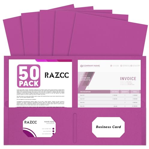 Two Pocket Folders, RAZCC 50 Pack 2 Pocket Folders Fit Letter Size Paper, Paper Folders with Pockets for School Office Business Home (Rose Purple)