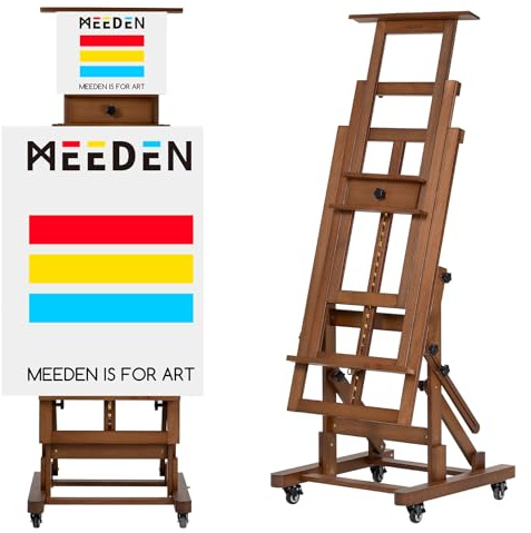 MEEDEN Caballete de pintura artística extragrande: caballete de artista de madera de haya maciza, caballete profesional de estudio resistente para adultos, soporte de piso con marco en H móvil para