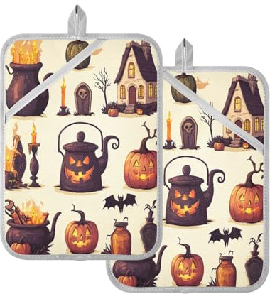 Nander 2PCS Potholders Halloween Hut Heat Resistant Pot Holder Set Oven Hot Pads with Pockets Non Slip Grip Large Potholders for Kitchen Cooking Baking Barbecue