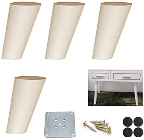 Set of 4 Solid Wood Oak Kitchen Furniture Leg,Tilt Taper Coffee Table Leg,Replacement Sofa Support Feet,for Bed TV Cabinet Cupboard Ottoman Loveseat Dresser,With Mounting Plate/Screw (6cm,white)