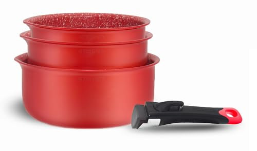 Arthur Martin, AMR28, Set de 3 casseroles en aluminium antiadhésif, poignées amovibles, compatibles tous feux dont induction, tailles 16-18-20 cm, couleur Rouge