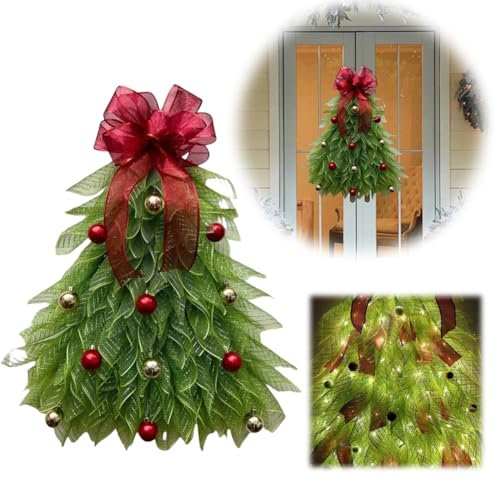 Christmas Kits Handgefertigter Weihnachtskranz für die Haustür, Weihnachts-Türkränze mit LED-Lichtern, Türkranz für Urlaubsdekoration (1 rot)