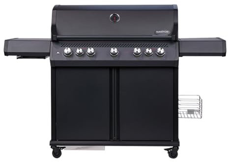 SANTOS S-518 Pro Gasgrill Mattschwarz - inkl. Drehspieß – Premium Edelstahl Grillstation mit 5 Brennern, 800 °C Steakzone, XXL Warmhalterost, doppelwandigem Deckel & LED-Regler