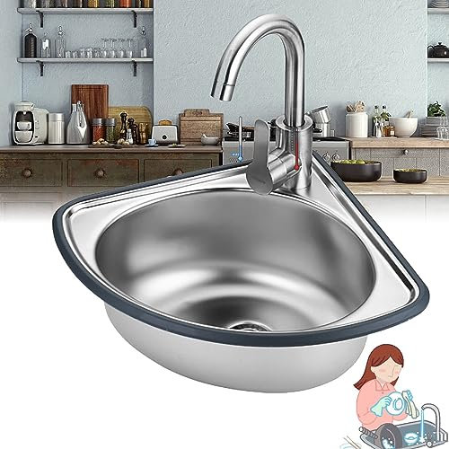 Fregadero de cocina esquinero de acero inoxidable con escurridor y grifo para garaje, lavandería y restaurante, lavabo triangular (profundidad 13 cm)