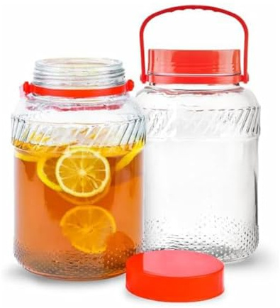 Okeeyseda Bocal en Verre de 1 Gallon avec Couvercle (Paquet de 2) Grands Pots de 128 Oz à Large Ouverture pour Le Thé du Soleil, Grands Pichets Kombucha Durables Transparents + Rouges