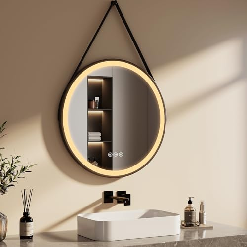 EMKE Schwarzer Runder Badspiegel mit Beleuchtung 70cm, Antibeschlag | Badezimmerspiegel mit 3 dimmbaren Lichtfarben, Touchschalter, Speicherfunktion, Rund Spiegel mit Spiegelband