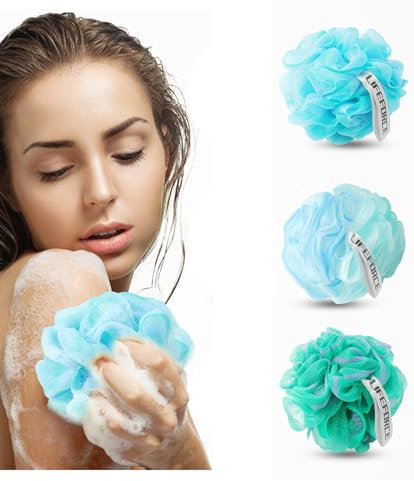 Lifeforce Lot de 3 éponges de douche en luffa - Grande éponge en luffa pour la peau propre - Confortable et douce - Éponge de douche exfoliante en maille - Couleurs épaisses et luxueuses