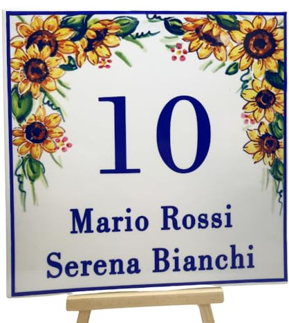 Numero Civico Personalizzato per Esterno Quadrato - Ceramica cotta a 900°, Made in Italy Colori Indelebili e Resistenti - Disponibile su varie misure (Girasoli, 10x10 cm)