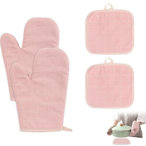 Ofenhandschuhe Topflappen 4er Set Hitzebeständig rutschfest, Vintage Rosa, Verdickte Topfhandschuhe aus Baumwolle für Küche, Kochen, Backen