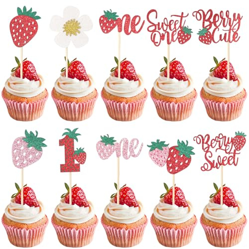 Maxqzin 30Pcs Strawberry Cupcake Toppers Strawberry Cake Decorations Berry First Birthday Decor for Summer Strawberry Baby Shower Decorations Party Supplies