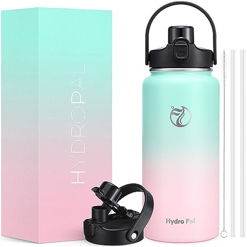 HydroPal Insulated Water Bottle with 2-in-1 Lid (Chug Lid/Straw Lid),40oz Double Walled Vacuum Stainless Steel Water Bottles, Water Jug with Straw, Wide Mouth (Green Pink)