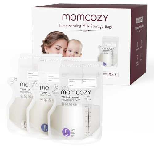 Momcozy Easy Pour Muttermilchbeutel mit Temperatur-Farbwechselanzeige, Ausgießer – Milchbeutel für Muttermilch 250 ml, breast milk storage bags, selbststehend, auslaufsicher, BPA-frei - 200 Stück