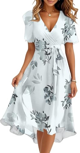 Midi Kleid Damen Sommer Blumen A Linie Sommerkleid Lang Elegant Musselin Wickelkleid V Ausschnitt Italienische Kleider Kurzarm Sommerkleider Leicht Und Luftig Blumenkleid Ibiza Strandkleid