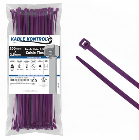 Kable Kontrol Purple Cable Ties, 200 mm x 2.5 mm, Pack of 100, 8 Premium Nylon Zip Ties, Multi-Purpose Plastic Tie Wraps, Secure Self-Locking Mechanism, for Home, Garden, Office and DIY