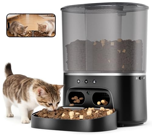 8 L Smart Pet Feeder with Camera, 1080p HD Video with Night Vision | 2-Way Audio, Dual Bowls Automatic Cat Feeder 5GHz WIFI Cat Dry Food Dispenser with App Control for Pets
