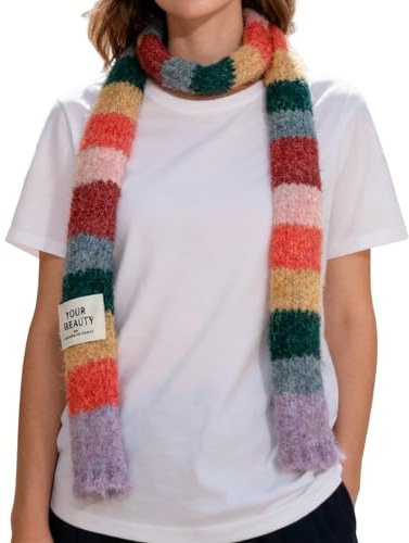 Gestreifter Strickschal – bunter schmaler Halswickel, modischer Damen-Schal, gestreift, kaltes Wetter, schmaler Regenbogen-Strick-Nackenwickel, Mehrfarbig, Refer to description