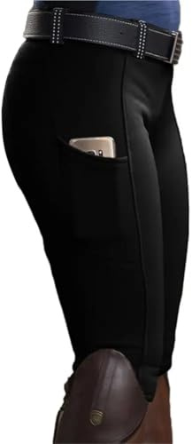 RUWLFE Ridsport knäbyxor anti-noppor ridning tights ficka höftlyft byxor racingbyxor för kvinnor, Svart, XXL