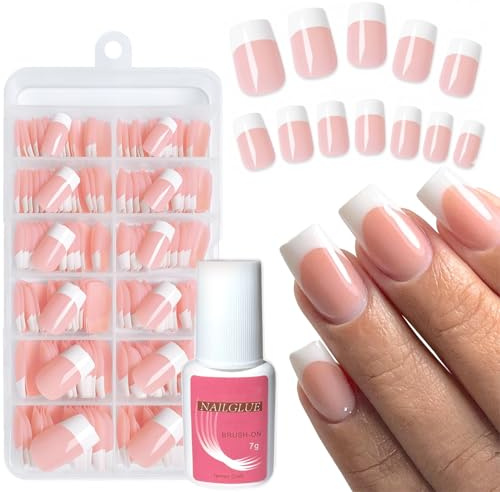240pcs French Tip Press on Nails Square Nude Short False Nails with Tools,12 Sizes White French Tip Acrylic Nails Reusable with Glue,for Women & Girls Manicure Decorations