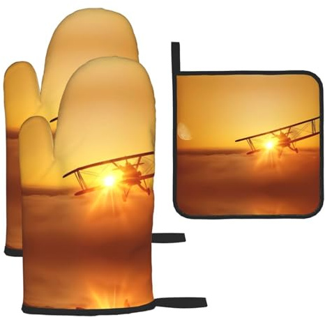 Kitchen baking 3-piece set Aircraft Plane at Sunset printed heat-resistant mat suitable for oven and outdoor grilling