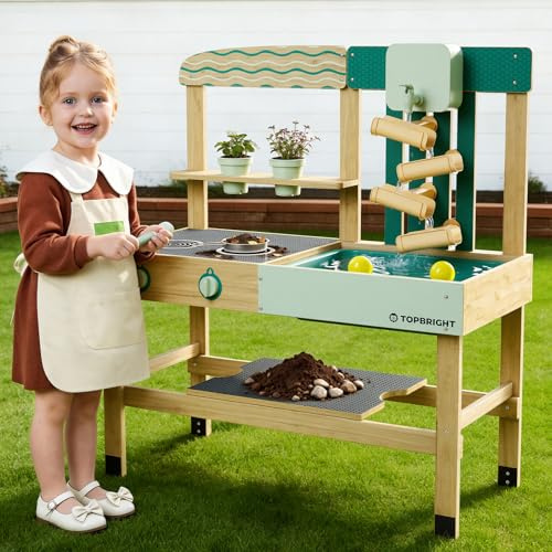 TOP BRIGHT Outdoor Mud Kitchen for Kids, Wooden Kitchen Playset for Kids, Chef Pretend Play Set for Toddlers, Water Box & Faucet, Pretend Cooking Set with Sink, Gift for Boys Girls for 3+ year old