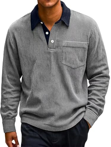 DENGJIAMY Polos Acanalados para Hombre Camisetas Tredny a Rayas Verticales Manga Larga Camisas de Vestir de Negocios Golf Camisetas Clásicas Talla Grande para Hombres, 4XL