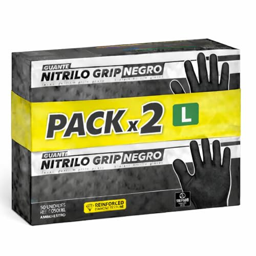 100 Guantes Nitrilo Diamantados Negros L - Guantes Trabajo (Sin latex)