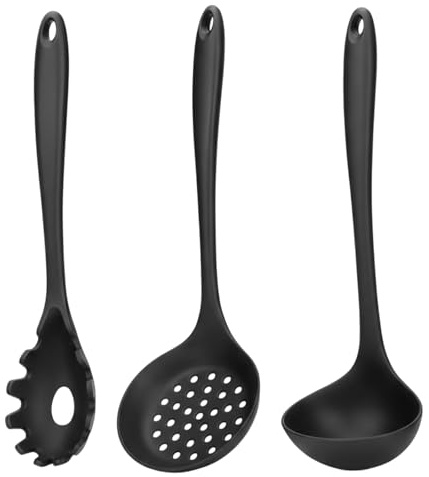 3-teilige Küchenutensilien für Suppenkelle und Nudelkelle, Spaghettilöffel Set aus Silikon, Hochtemperaturbeständige Schöpfkellen für Kochen und Servieren, Schwarzes Küchenzubehör mit spülmaschinenfes