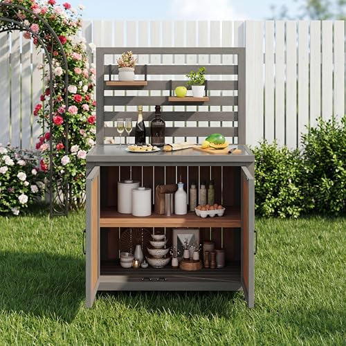 Moimhear Gartenschrank Holz Outdoor wetterfest – Geräteschrank mit Edelstahl-Arbeitsplatte, Grillstation mit verstellbaren Regalen und Staufächern, Küchenschrank für Terrasse, Balkon, Garten
