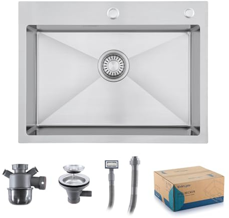 Evier Inox 1 Bac Avec Siphon Évier de Cuisine 2 Trou de Robinet 60×45 cm | Évier Inox Brossé Acier Inoxydable | Avec Trop-Plein et Kit de Vidange pour Cuisine Extérieure de Camping Car