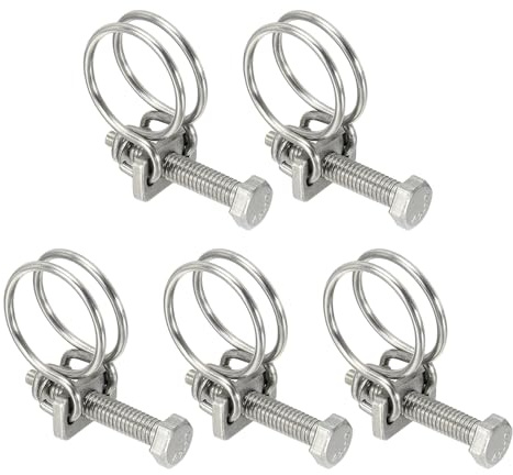 sourcing map 5 Pcs Double Wire Hose Clips 18-22 mm Stainless Steel Adjustable Wire Pipe Tube Clamps with M6 Screw Plumbing Joint Fastener for Dust Collection Pool Pond, Silver