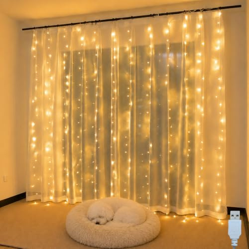 Yulmi Lichtervorhang 2x2m 200 LEDs, Warmweiß | USB, IP65 Wasserdicht für Innen & Außen, mit 10 Haken, Dekobeleuchtung für Balkon Fenster Hochzeit Weihnachten