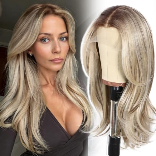 13x4 blond‑braune synthetische Lace‑Front‑Perücke mit dunklen Wurzeln | Blond Mix Braun mit dunklen Wurzeln, synthetische gestuft Highlight-Perücke für Frauen, vorgezupft, natürlicher Haaransatz