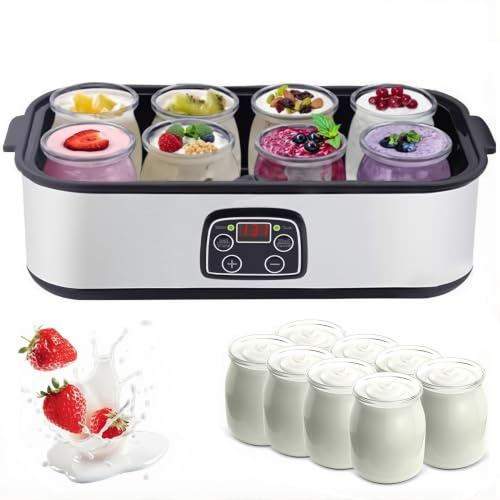 Yogurtiera Automatica Elettrica Con Controllo Della Temperatura | Yogurtiera 1400ml Con 8 Vasetti In Vetro Temperatura Regolabile 20-50°C Timer 48H Acciaio Inossidabile Per Yogurt Fatto(A)