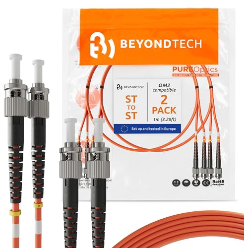 BEYONDTECH Cable de fibra óptica ST a ST OM2 Multimodo Duplex (1 Metro - 2 Unidades) - Latiguillo Doble Fibra Óptica UPC/UPC - 50/125 (LSZH)