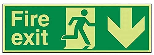 VSafety englisches Warnschild „Fire Exit“, 450 x 150 mm, selbstklebendes Vinyl, leuchtet in der Dunkelheit, Pfeil runter