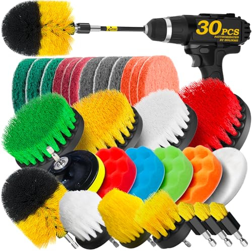 Holikme 30Pack Drill Brush Attachments Set,Scrub Pads & Sponge, Power Scrubber Brush with Extend Long Attachment All Purpose Clean for Grout, Tiles, Sinks, Car Polishing Pads,Bristle Discs