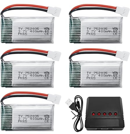 ZYGY 5Stück 3.7V 400mah Lithium Akku mit 5in1 Ladegerät für H99W H31 H6C H98 AT-96 TR-C385 TR-P51 TR-F22 RC Drohne (Rot)