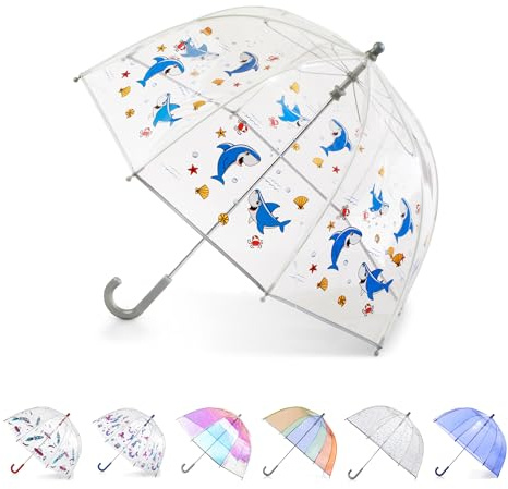 totes Kids Clear Bubble Umbrella with Dome Canopy, Lightweight Design, Wind and Rain Protection Umbrella, Shark, Kids - 38 Canopy