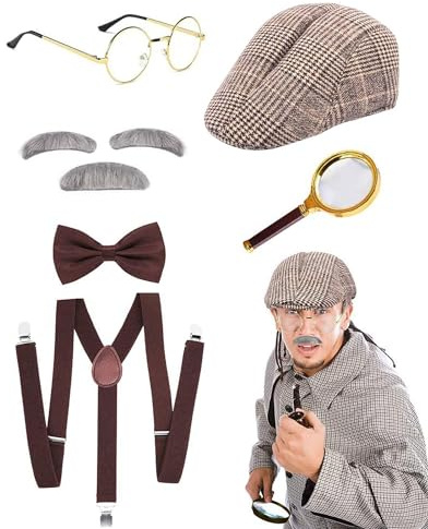 JORAKI Accesorios Hombre los Años 20 Sherlock Holmes Victorian Detective Disguise Cosplay Kit con Sombrero Lupa Liguero Pajarita Barba Cejas Gafas para Carnaval Mascarada Evento Fiesta