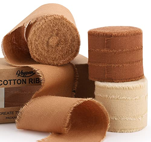 Keypan Herbstbraun Baumwollband Schleifenband & Geschenkband 3,8cm x 13,7m | Breit Bänder mit Fransen für Geschenkband Hochzeit Weihnachtsdeko, Tischdeko, Dekoband