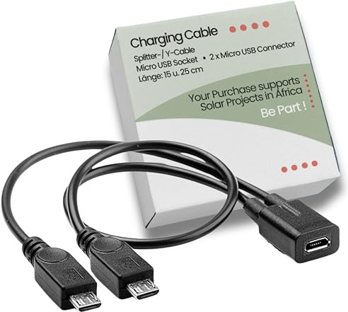 Villageboom Micro USB Buchse (Female) auf 2 Micro-USB Stecker (Male), Verteiler Y Splitter 1 zu 2 zum Laden von 2 Geräten gleichzeitig. Jeder Kauf finanziert Solarprojekte in Afrika.