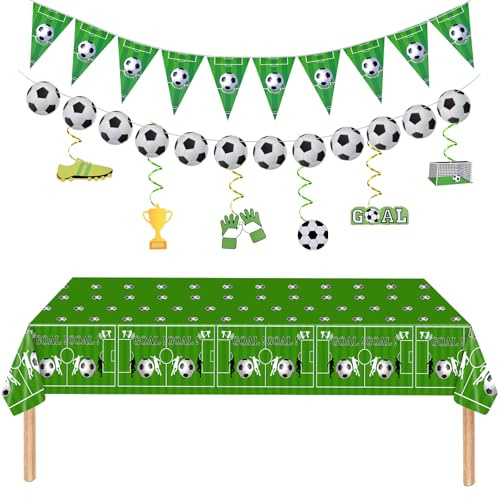 PLULON 30pcs Football Party Decorations Birthday Party Supplies for Football Bunting Banners Soccer Tablecloth Hanging Swirls for Birthday Soccer Sports Events Themed Decorations