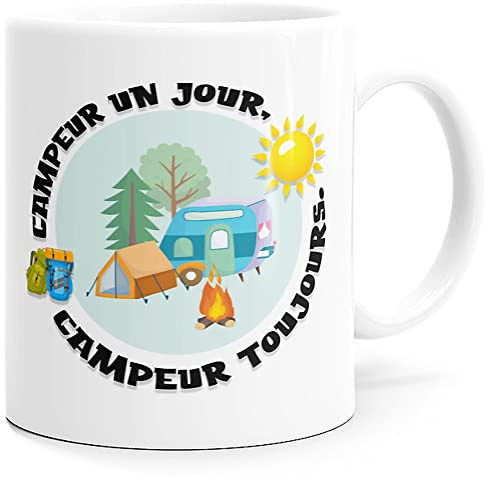 Mug Campeur Humour Tasse Message drôle Camping. Idée Cadeau Original Vacances pour Ami Collègue Homme Femme Copine Copain pour Anniversaire Noël. Caravane Tente de Camping Souriez dès le Réveil