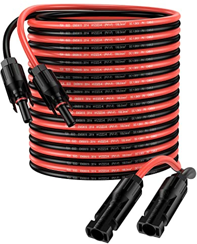 Solarkabel 20m 6mm² Solarpanel Verlängerungskabel 10AWG IP68 Wasserdichtes Adaterkabel mit Buchsen- und Steckeranschluss (10m Rot + 10m Schwarz)