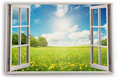 Paul Sinus Bilder Fensterblick 120x80cm Sommerwiese Löwenzahn Sonnenschein Bäume Natur Kunstdruck Wanddeko Wand Wohnzimmer