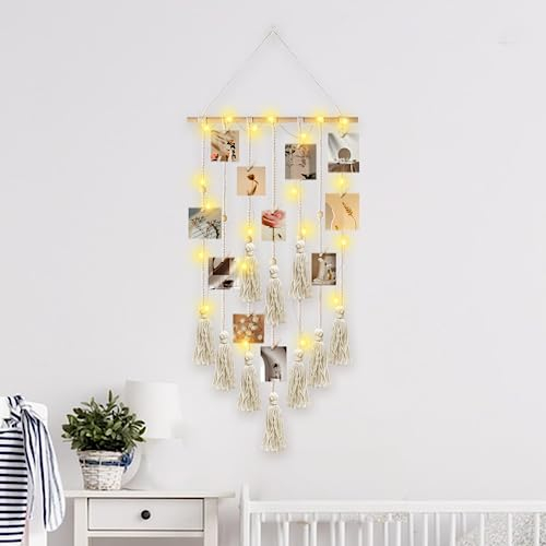 IHONYI Decoración Boho - Colgante De Macramé Para Fotos,Decor De Pared De Tapiz Tejido Chic,Pared De Fotos Para Dormitorio/Salón,Guirnalda De Fotos Boho Con 30 Clips De Madera,108cm (L) x 42cm (A)
